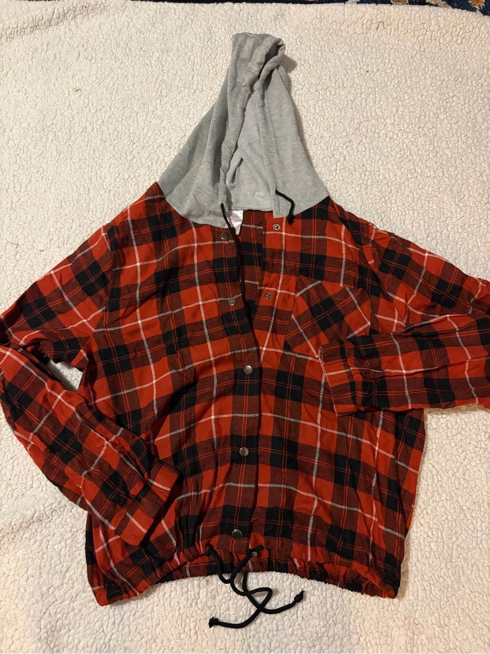 No Boundaries Red and Black Plaid Hooded Snap-Front Jacket